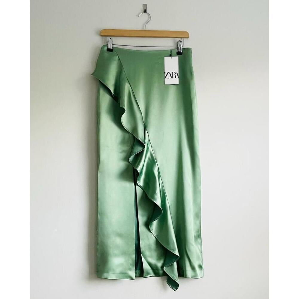 Zara NWT Mint Green Satin Ruffle Front Slit High Waist Midi Skirt M - Picture 16 of 16